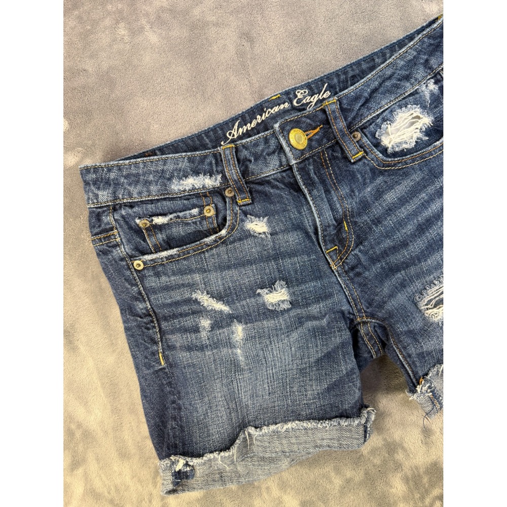 American Eagle Distressed Denim Shorts Medium Wash Cuffed Size 0 Women